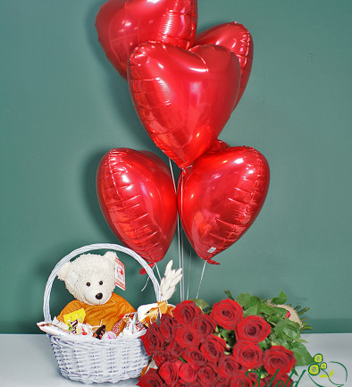 Set: Bouquet of 25 premium Dutch red roses 80-90 cm, 5 heart-shaped foil balloons and Teddy Bear Basket No. 1 photo 394x433